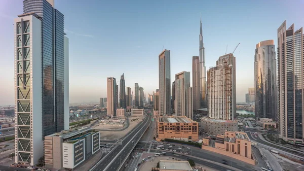 Dubai Şehir Merkezinin Havadan Panoramik Görüntüsü Günbekten Geceye Geçiş Zamanına — Stok fotoğraf