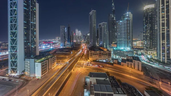Vista Aérea Horizonte Dubai Downtown Com Muitas Torres Iluminadas Tráfego — Fotografia de Stock