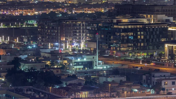 Vista Aérea Distrito Dubai City Walk Iluminado Por Timelapse Nocturno — Foto de Stock