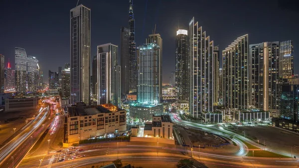 Légi Kilátás Dubai Downtown Városkép Alatt Fényshow Sok Kivilágított Tornyok — Stock Fotó
