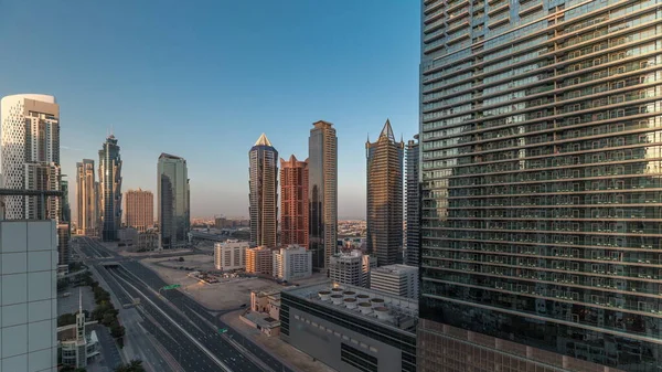 Business Bay District Skyline Modern Architecture Morning Timelapse Aerial Panorama — Stock Photo, Image