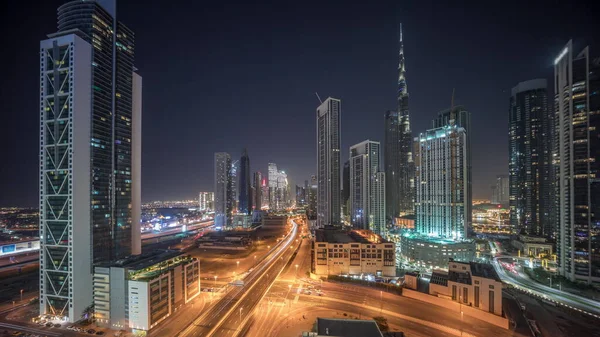 Вигляд Повітря Небо Дубая Центрі Міста Багатьма Освітленими Вежами Протягом — стокове фото