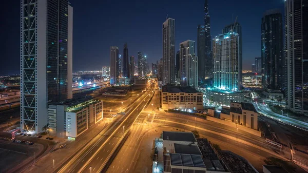 Αεροφωτογραφία Του Ντουμπάι Downtown Ορίζοντα Πολλούς Πύργους Νύχτα Την Ημέρα — Φωτογραφία Αρχείου