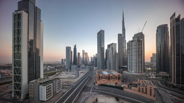 Aerial View Dubai Downtown Skyline Sunrise Long Moving Shadows Tall — Stock Photo, Image