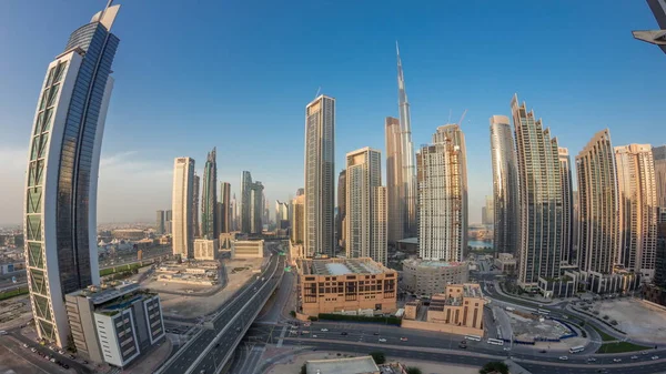 Letecký Západ Slunce Pohled Dubaj Downtown Panorama Věžemi Den Noc — Stock fotografie