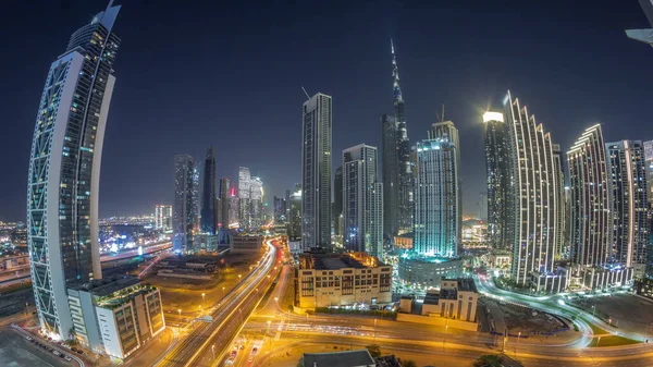 Aerial Panorama Dubai Downtown Skyline Many Illuminated Towers All Night — Stock Photo, Image