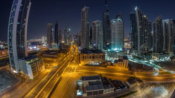 Letecké Panorama Dubaje Downtown Panorama Mnoha Věžemi Noc Den Přechodový — Stock fotografie