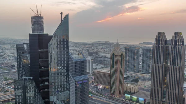 Edificios Gran Altura Sheikh Zayed Road Dubai Día Aéreo Noche —  Fotos de Stock
