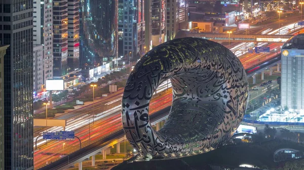 Nejnovější Ikonickou Stavbou Dubaji Muzeum Budoucnosti Šejku Zayedu Letištní Noční — Stock fotografie