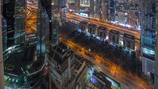 High Rise Buildings Sheikh Zayed Road Dubai Aerial Night Panoramic — Stock Photo, Image