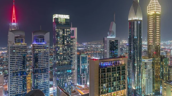 Skyline Kilátás Toronyházak Sheikh Zayed Road Dubai Légi Éjszakai Időmérő — Stock Fotó