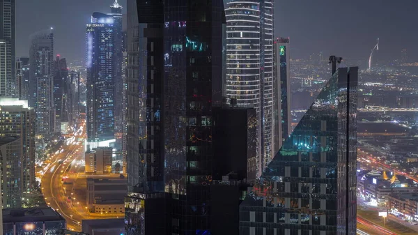 Vysoké Budovy Sheikh Zayed Road Dubajské Letecké Noci Sae Mrakodrapy — Stock fotografie