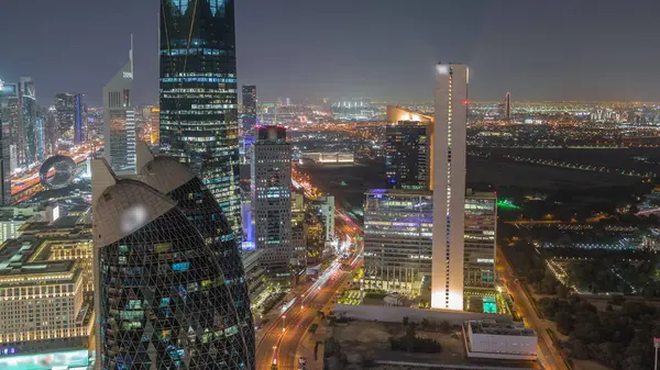 Skyline Vista Dei Grattacieli Sheikh Zayed Road Dubai Timelapse Notte — Foto Stock