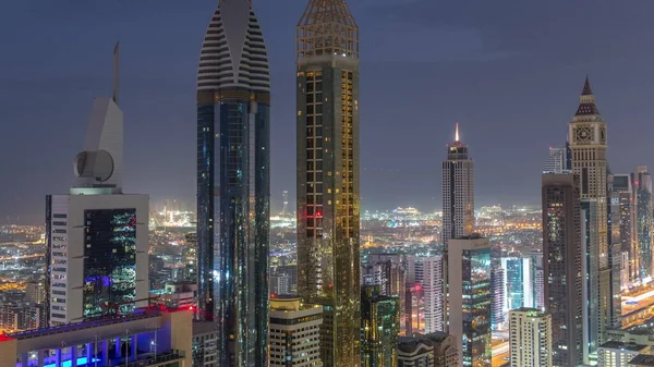 Pohled Výšky Budovy Sheikh Zayed Road Dubajském Vzdušném Prostoru Noci — Stock fotografie