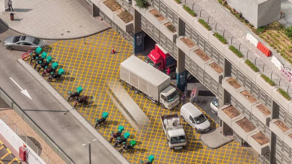 Row Food Delivery Service Motor Bikes Dubai Street Aerial Timelapse — Stock Photo, Image