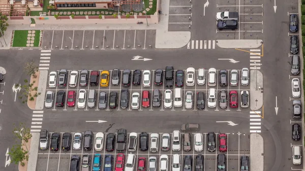 Aerial View Many Colorful Cars Parked Parking Lot Lines Markings — Stock Photo, Image