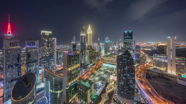 Панорамный Вид Высотные Здания Улице Шейх Зайед Дубае Освещённые Небоскребы — стоковое фото