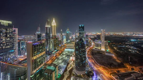 Widok Lotu Ptaka Wieżowiec Sheikh Zayed Road Dubaju Panoramiczny Timelapse — Zdjęcie stockowe
