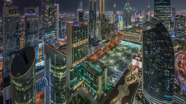 Вид Висотні Будівлі Шейх Заїд Роуд Дубаї Оае Підсвічені Хмарочоси — стокове фото