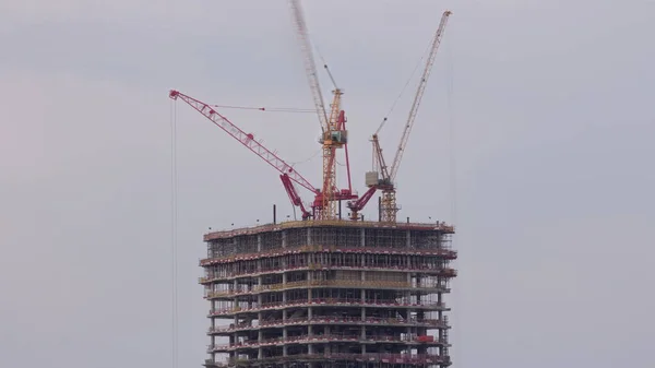 许多塔式起重机在新摩天大楼的建筑工地上工作 该大楼为商业高层大厦的空中定时器 迪拜市区的建筑进展 — 图库照片