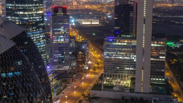 Skyline Ansicht Der Hochhäuser Der Gekrümmten Straße Dubai Luftaufnahme Nacht — Stockfoto