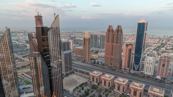 High Rise Buildings Sheikh Zayed Road Dubai Aerial Morning Timelapse — Stock Photo, Image