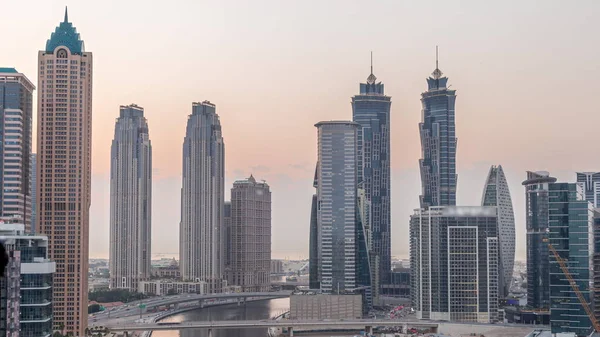Міський Пейзаж Хмарочосами Дубайської Ділової Бухти Водного Каналу Денним Нічним — стокове фото