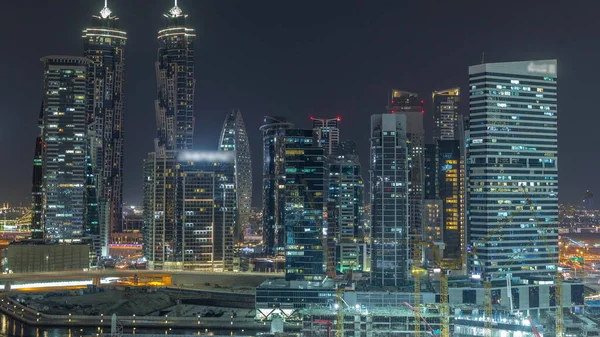 Cityscape Osvětlenými Mrakodrapy Dubai Business Bay Vodní Kanál Letecké Noci — Stock fotografie