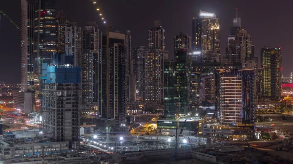 Dubai Business Bay Aydınlık Gökdelenleri Kanalı Hava Gece Zaman Çizelgesine — Stok fotoğraf