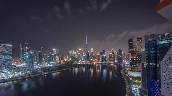 Luchtpanoramisch Uitzicht Dubai Business Bay Downtown Met Verschillende Wolkenkrabbers Torens — Stockfoto