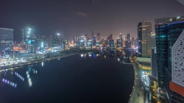 Aerial Panorama Dubai Business Bay Downtown Various Skyscrapers Towers Waterfront — Stock Photo, Image