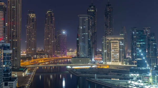 Міський Пейзаж Хмарочосами Дубайської Ділової Бухти Водного Каналу Ніччю День — стокове фото