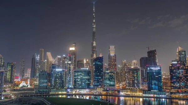 Vista Aérea Para Dubai Business Bay Downtown Com Vários Arranha — Fotografia de Stock