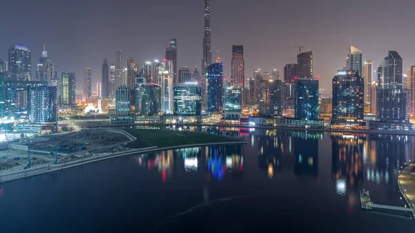 Luchtfoto Naar Dubai Business Bay Downtown Met Verschillende Wolkenkrabbers Torens — Stockfoto