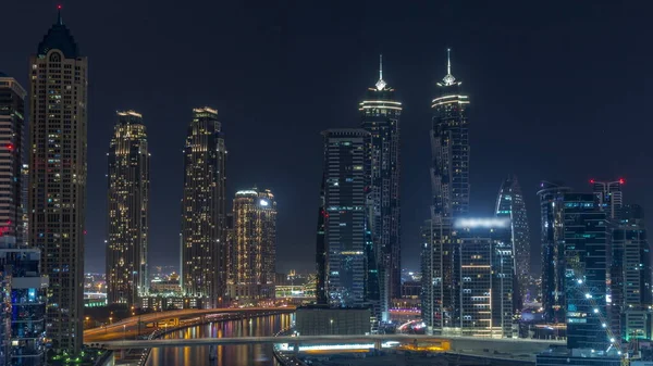 Paisaje Urbano Con Rascacielos Iluminados Dubai Business Bay Antena Canal —  Fotos de Stock