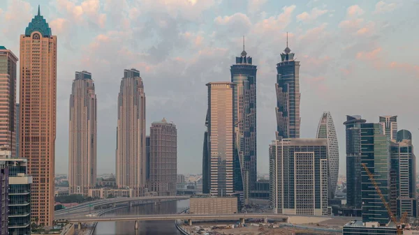 Cityscape Skyscrapers Dubai Business Bay Water Canal Aerial Morning Timelapse — Stock Photo, Image