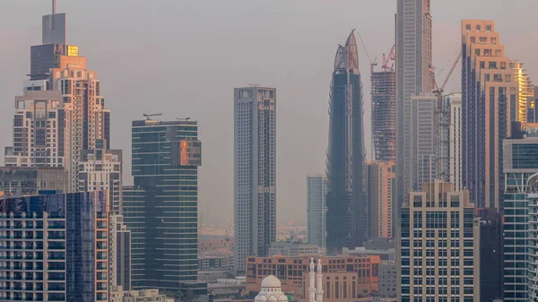 Cityscape Ουρανοξύστες Του Ντουμπάι Business Bay Εναέρια Πρωινό Timelapse Σύγχρονη — Φωτογραφία Αρχείου