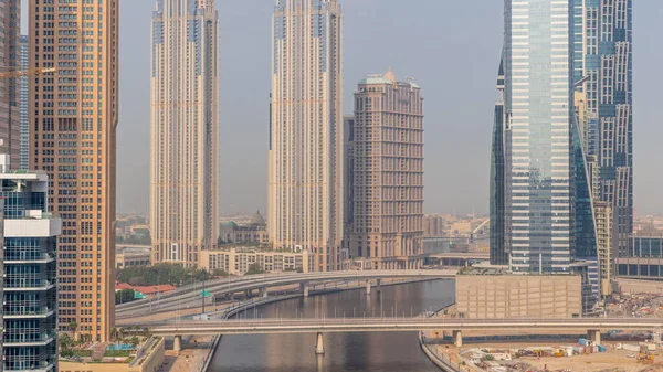 Paisaje Urbano Con Rascacielos Dubai Business Bay Timelapse Aéreo Del —  Fotos de Stock