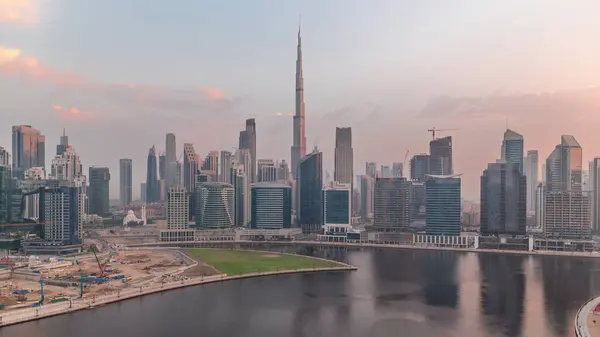 Vista Aérea Dubai Business Bay Centro Dubái Durante Amanecer Con — Foto de Stock