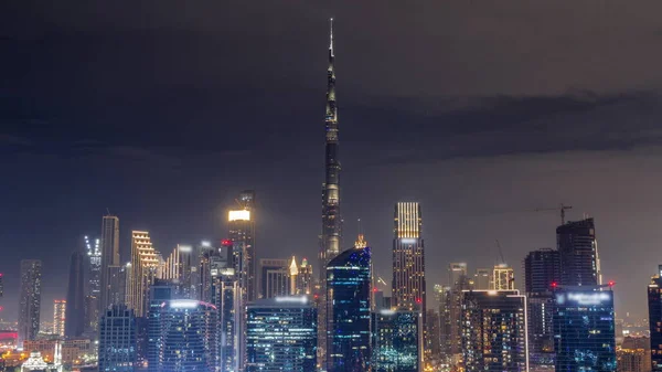 Légi Kilátás Dubai Business Bay Belváros Egész Éjjel Különböző Felhőkarcolók — Stock Fotó