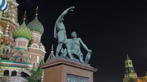 Katedra Bazyliki Oświetlony Pomnik Minina Pozharskiego Nocy Placu Czerwonym Hiperlapsja — Wideo stockowe