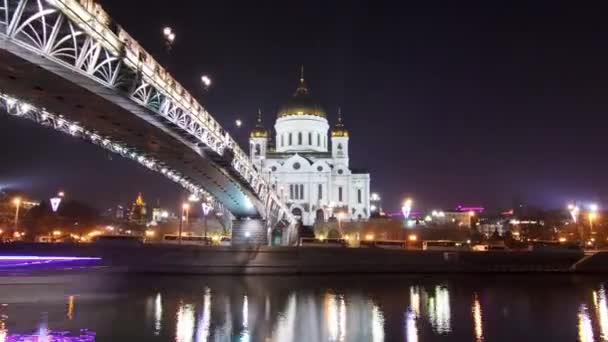Majestic Orthodox Cathedral Christ Saviour Illuminated Dusk Footbridge Moscow River — Stock Video