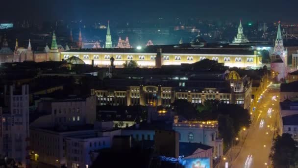 Панорамный Вид Здание Крыши Центра Кремлевской Стены Ночью Расписанию Россия — стоковое видео
