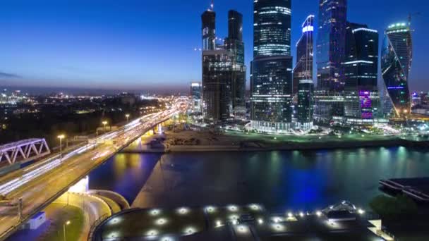 Хмарочоси Міжнародний Бізнес Центр Сіті Вночі Московським Річковим Часовим Поясом — стокове відео