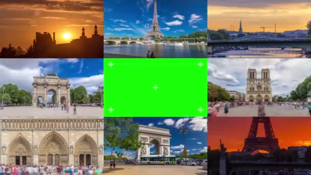 Green Chroma Key Screen Collage Paris Timelapse Hyperlapse Francia Colección — Vídeo de stock