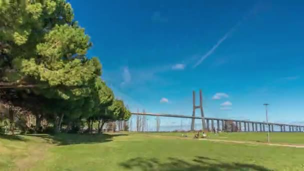Vasco Gama Bridge Timelapse Hyperlapse Green Lawn Trees Cable Stayed — ストック動画