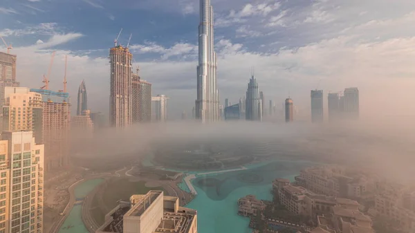Luftaufnahme Der Stadt Dubai Frühen Morgen Bei Nebel Sonnenaufgang Der — Stockfoto
