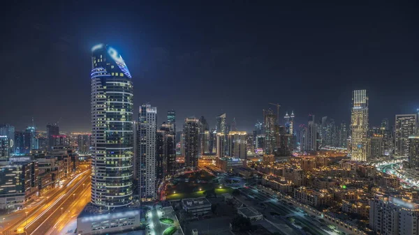 Panorama Showing Dubai Downtown Business Bay Night Tallest Skyscraper Other — Stok fotoğraf
