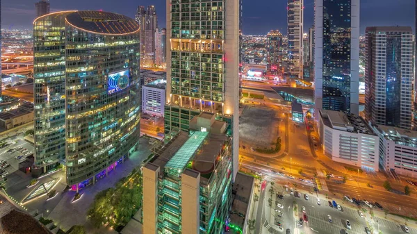 Дубайський Міжнародний Фінансовий Центр Хмарочоси Повітряний День Ніч Перехід Освітлені — стокове фото