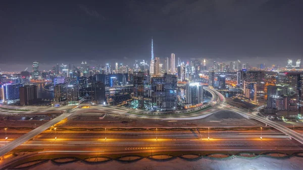 Panoramiczna Panorama Dubaju Zatoką Biznesową Dzielnicą Śródmieścia Oraz Ruchem Ulicznym — Zdjęcie stockowe